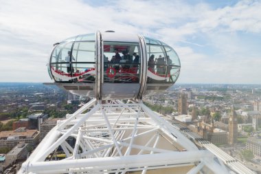 London, England - July 7, 2016: London eye capsules with a view of Central London. The London Eye is a giant Ferris wheel on the South Bank of the River Thames, Also known as the Millennium Wheel