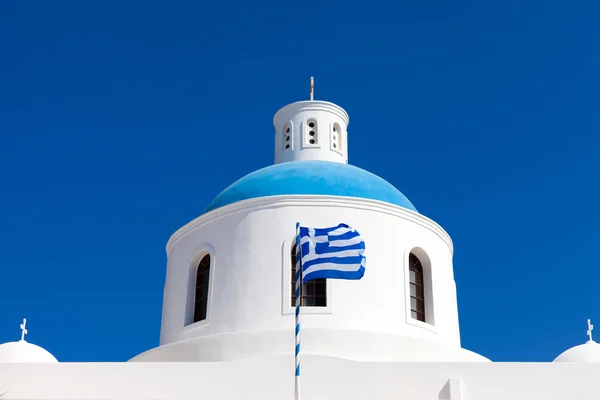 Três Sinos Fira Cúpula Azul Santorini Grécia Com Vulcão Santorini — Fotografia de Stock