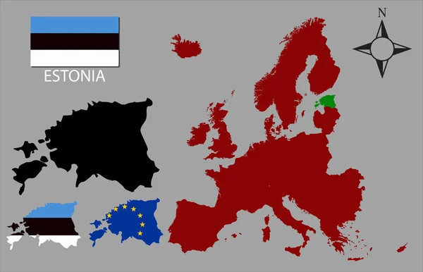 Estonia - trzy kontury, mapa Europy i flaga wektor — Wektor stockowy