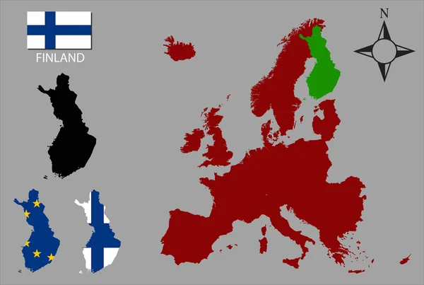 Finlandia - trzy kontury, mapa Europy i flaga wektor — Wektor stockowy
