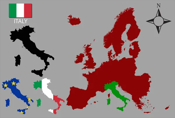 Włochy - trzy kontury, mapa Europy i flaga wektor — Wektor stockowy