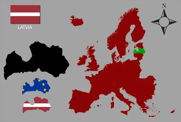 Letonya - üç kontür, vektör harita Avrupa ve bayrak — Stok Vektör