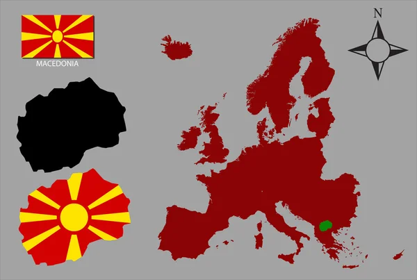 Macedonia - Tow kontury, mapa Europy i flaga wektor — Wektor stockowy