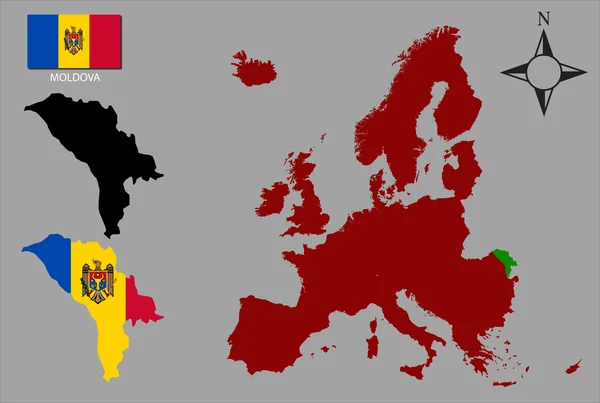 Moldova - iki kontür, vektör harita Avrupa ve bayrak — Stok Vektör