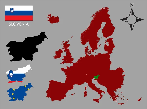 Slowenien - drei Konturen, Europakarte und Fahnenvektor — Stockvektor