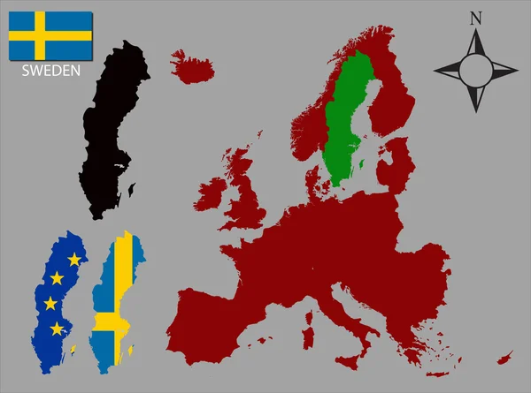 Sverige - tre konturer, karta över Europa och flagga vektor — Stock vektor
