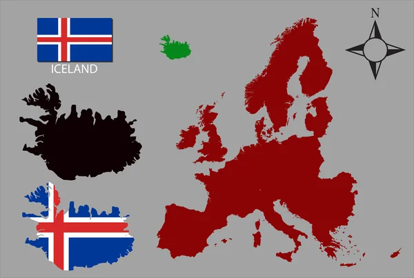 İzlanda - iki kontür, vektör harita Avrupa ve bayrak — Stok Vektör