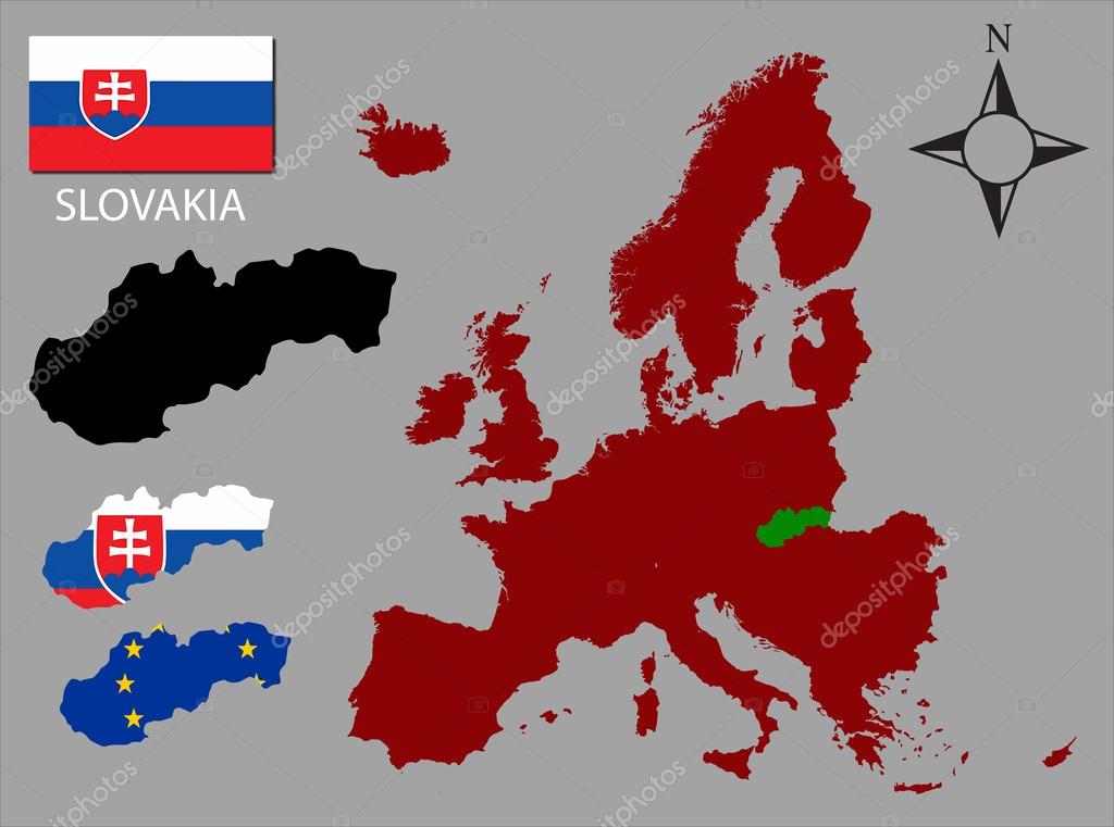 vektorová mapa evropy Slovensko   tři obrysy, vektorová mapa Evropy a vlajky — Stock  vektorová mapa evropy