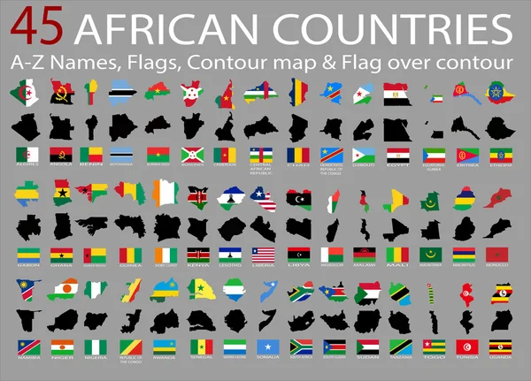 45 afrikanische Länder, a-z Namen, Flaggen, Kontur und Nationalflagge über Kontur — Stockvektor