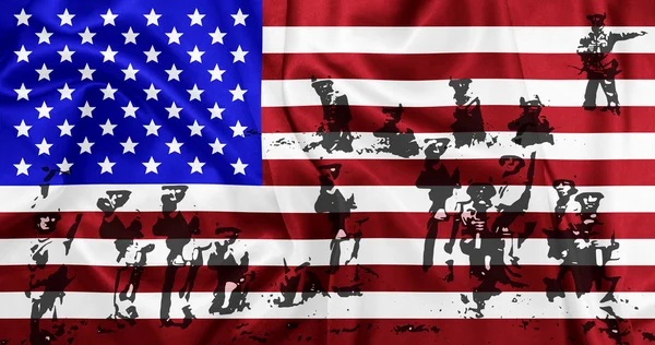Estados Unidos de América ondeando bandera nacional sobre textura de seda con tema de campo de batalla — Foto de Stock