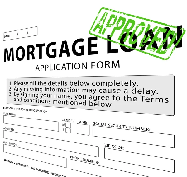 Formulario de solicitud de préstamo hipotecario con sello de goma aprobado —  Fotos de Stock