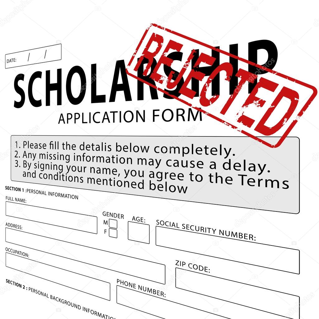 Scholarship application form with red rejected rubber stamp