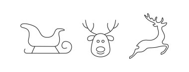 Noel geyiğinin bir dizi Noel sembolünün vektör çizimi, açık arkaplanda çizgileri olan Noel Baba kızağı..