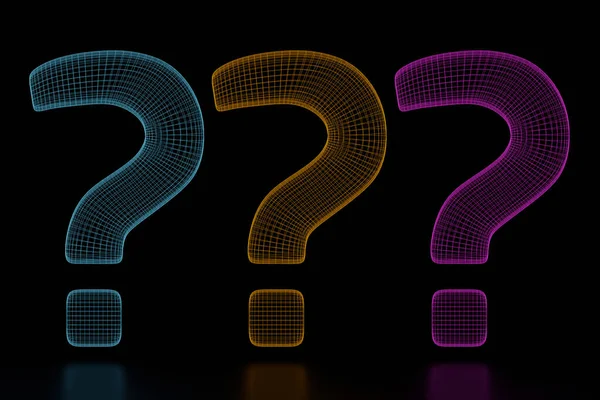 Renkli düşük çokgen soru işaretleri seti. Kablo iskeleti. 3d sembolü resimleme.