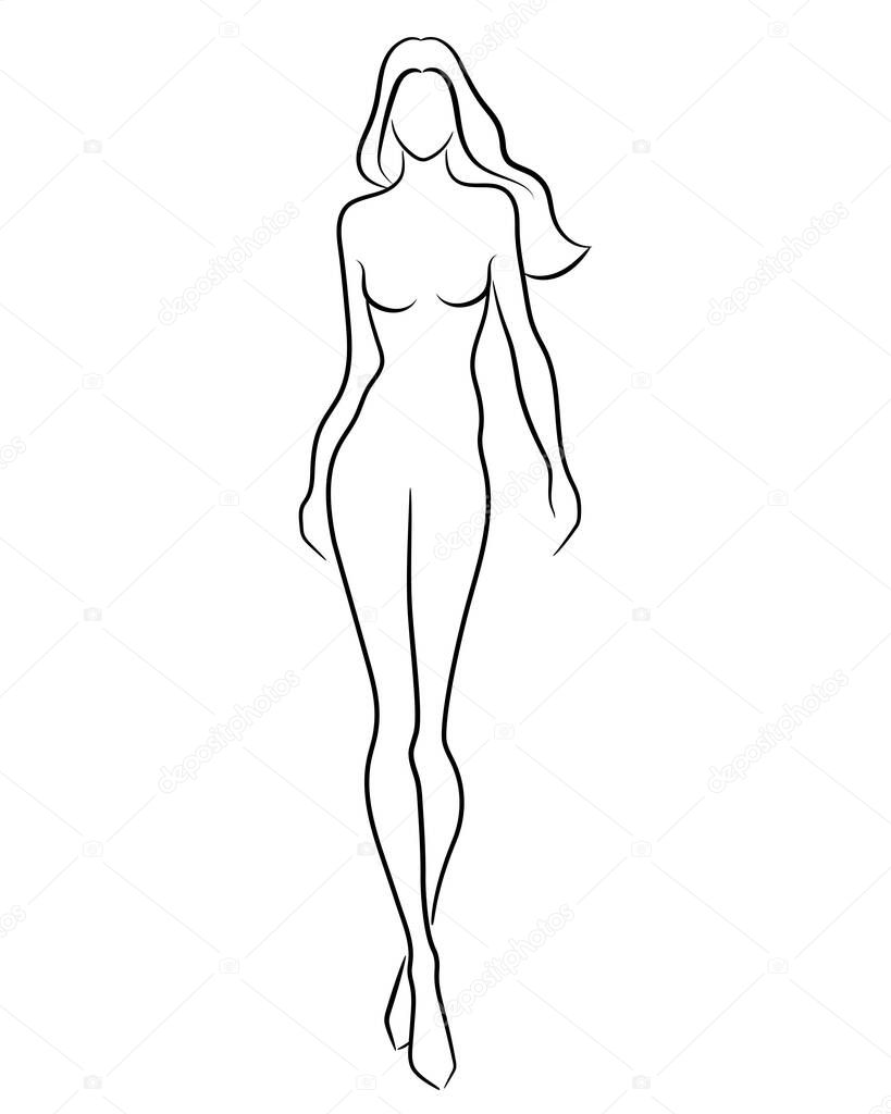 Silhouette of a beautiful nude woman, vector illustration. Female body line art. Fashion model posing. Beauty logo design element.