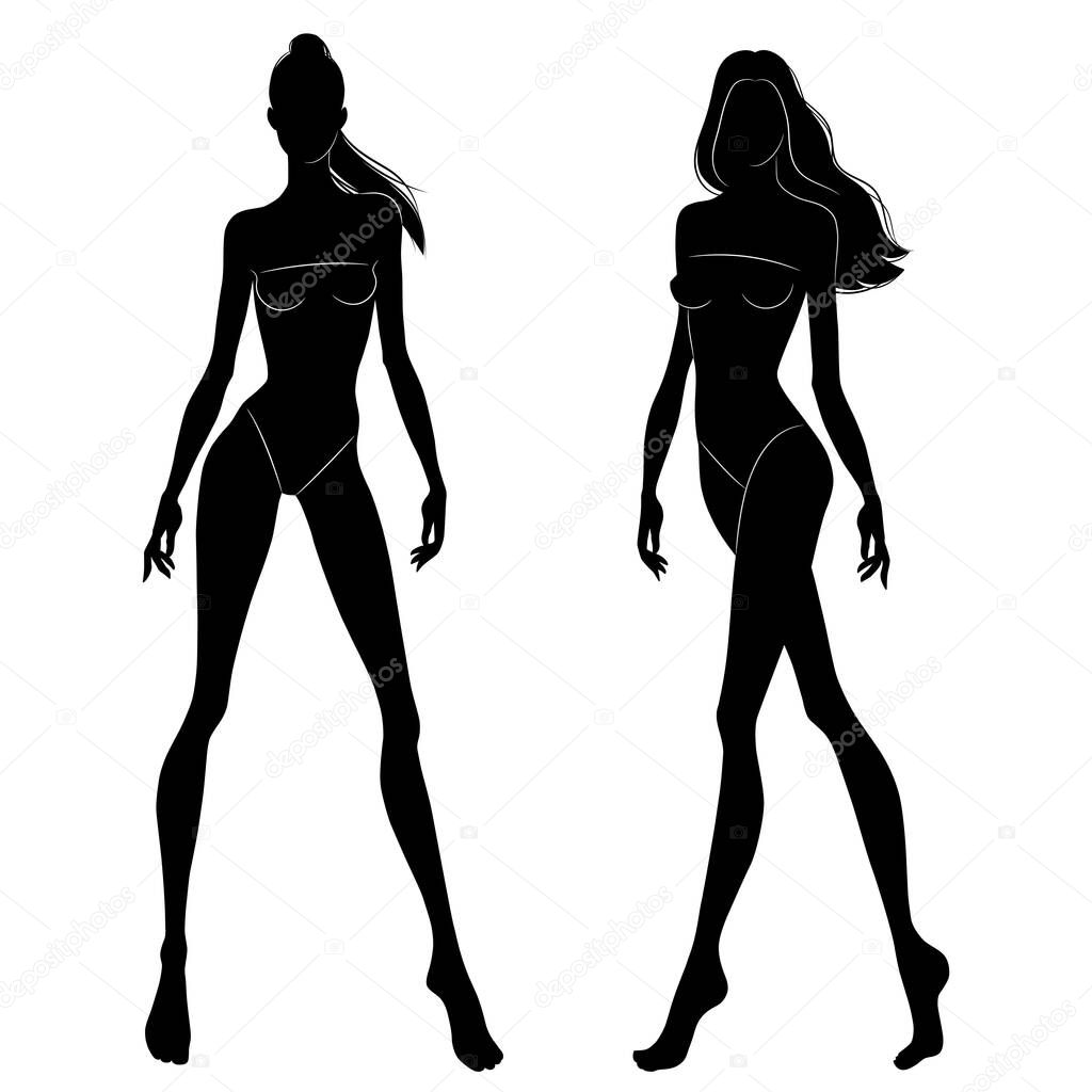 The black silhouettes of fashion models walking on the podium. Beautiful slim women isolated on a white background, vector illustration.
