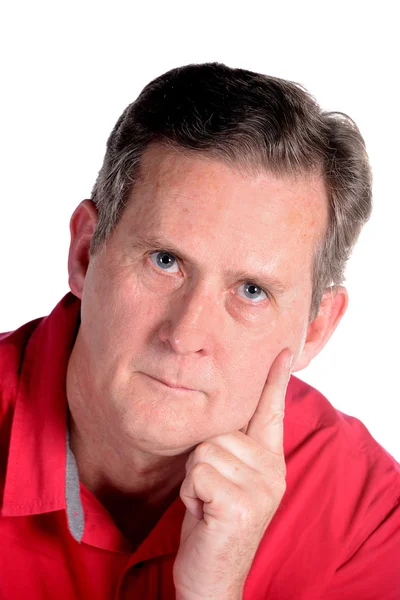 Caucasian middle aged man in red shirt white background — Stock Photo, Image