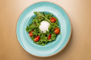 yeşil salata ve domates ile beyaz kasede burrata peyniri
