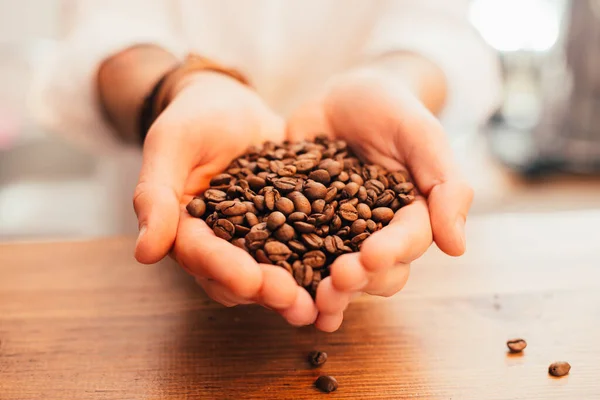 coffee beans in hands on table