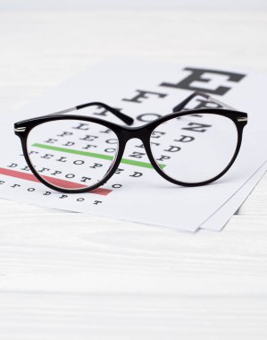 Görüş, gözlük ve lensler için arka planda düzeltme masası, üst görünüm. Oftalmolog aksesuarları.