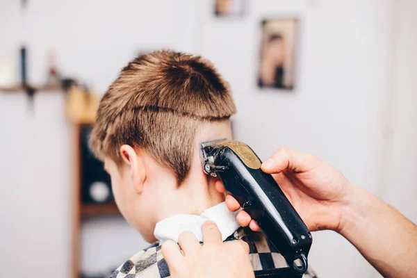 Barber Grooming Cute Little Boy Hair Salon — Stock Photo, Image
