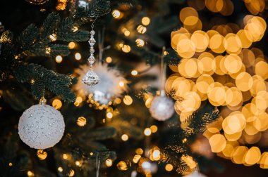 Güzel, parlak, yuvarlak, gümüş bir oyuncak Noel ağacına asılır ve Noel tatilinden önce süslenir. Oyuncak bir dala asılı, Noel ağacını süslüyor.