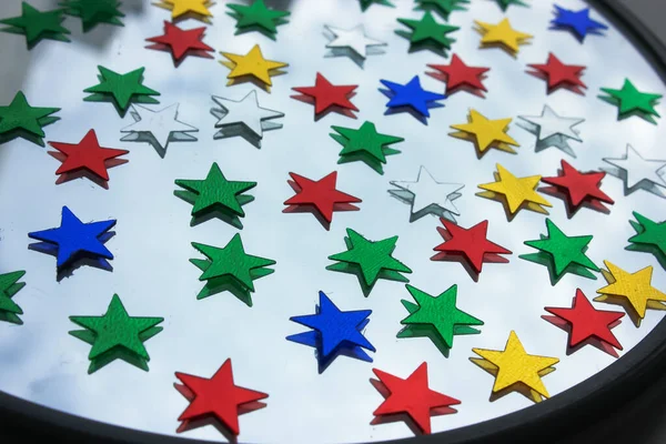 Confetti Colorful Stars Glass Surface Mirror Festive Background — Stock Photo, Image