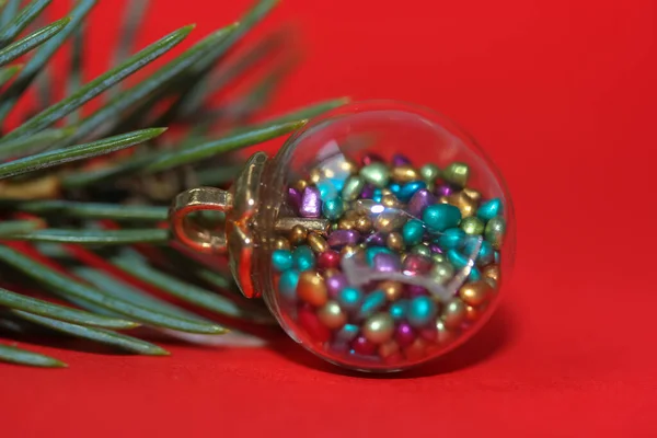 Beautiful Christmas Tree Toy Form Glass Ball Colorful Elements Branch Stock Picture