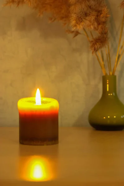 在半暗的黑暗中燃着一支蜡烛，后面是一只绿色的小花瓶，上面有一片片青草。现代化的室内空气，新年假期的气氛 — 图库照片