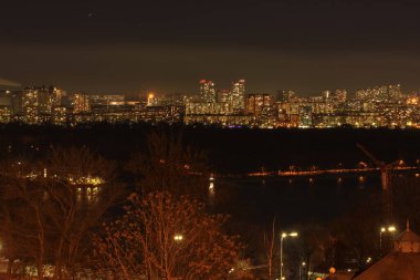 Gece şehrinin panoramik manzarası ve uzaktaki uzun evler, öndeki çıplak ağaçlar. Kiev sonbaharda ya da kışın