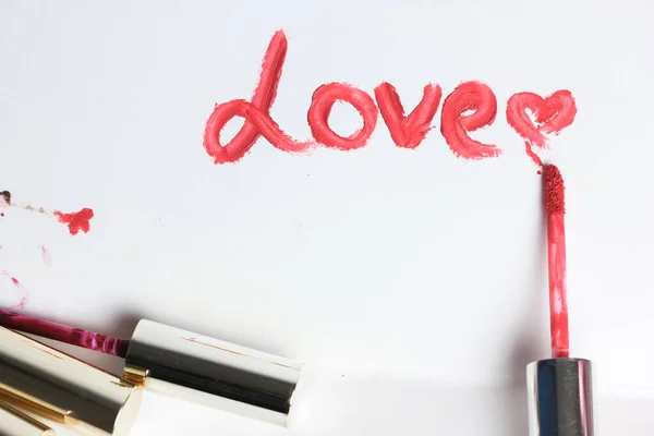 Word Love Written Pink Liquid Lip Gloss White Paper Declaration — Stock Photo, Image