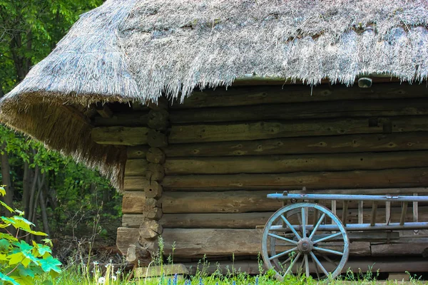 在茅草屋顶下的圆木房子的后面有木制轮子的旧推车 木制底座上的老式木制推车 乡村风景 乌克兰基辅人种学博物馆 树林里的小木屋 — 图库照片