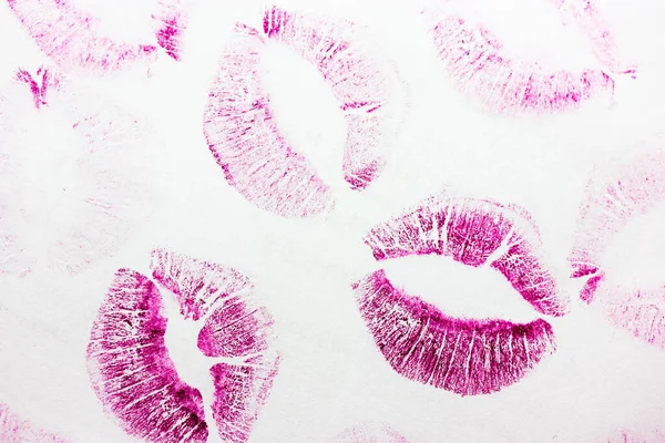 Αφηρημένη Ροζ Φιλιά Απομονώνονται Λευκό Φόντο Πολλά Γυναικεία Αποτυπώματα Χειλιών — Φωτογραφία Αρχείου