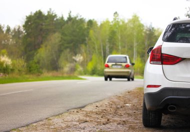 Güzel bir bahar ormanında yol kenarına park edilmiş beyaz bir SUV. Bir bahar günü yeşil ağaçların arasında asfalt bir yol. Yerli bir kırsalda arabayla seyahat etmek. İnanılmaz doğal bir geçmiş..