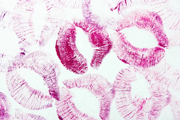 Абстрактні Рожеві Поцілунки Ізольовані Білому Тлі Багато Жіночих Відбитків Губ — стокове фото