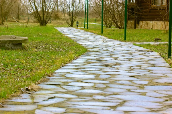 Kamenná Stezka Zelenou Trávou Vedoucí Dřevěnému Venkovskému Domku Srub Zahradní — Stock fotografie