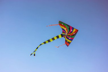 Çok renkli parlak bir uçurtma gökyüzünde rüzgarda uçuyor. Çocuk eğlencesi, yazın çocuklar için açık hava eğlencesi. Özgürlük, neşe, yaz tatili, çocuk kampında tatil.