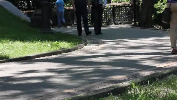 Nepoznatelní Lidé Procházející Stínu Městského Parku Slunečného Letního Dne Nohy — Stock video