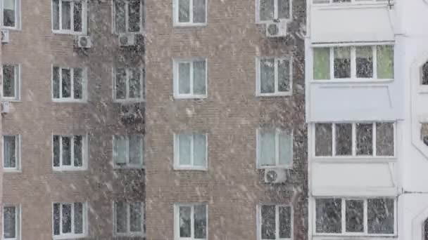 Vista interior da janela do apartamento em uma casa residencial. Flocos de neve caindo ao ar livre na estação fria de inverno durante o dia. Muitas janelas de um edifício de tijolo de edifício alto. Tempestade de neve numa cidade. Vida urbana — Vídeo de Stock