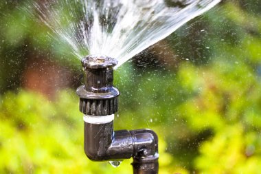 Bulanık yeşil çimen arka planında otomatik çim sulama sistemi. Sıçramalar, damlalar farklı yönlere uçar. Güçlü su jeti basıncı. Çiçekler, çimenler, çalılar sulama, bitkiler bakım. Su musluğu