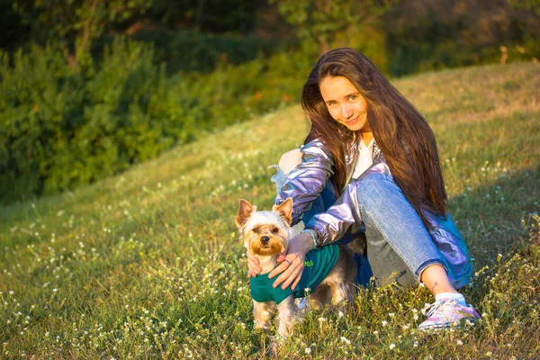 A young beautiful long-haired stylish girl in a silver raincoat, blue jeans is sitting on a park lawn, blossoming meadow hugging a Yorkshire terrier small dog, puppy. People and pets, animals lover.