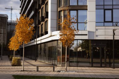 KYIV, Ukrayna 25 Ekim 2025 Modern apartman eşsiz mimari tasarımı ve altın yapraklı sonbahar ağaçları. Çağdaş binalar, dokuların karışımıyla çarpıcı bir görünüme sahiptir..