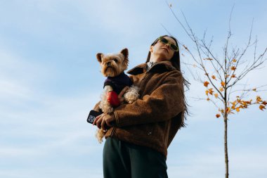 Sonbahar güneşinin tadını çıkaran genç beyaz bir kadın, açık havada küçük bir köpekle, rahat sonbahar kıyafetleri, mutluluk ve yavaş yaşam tarzı anı, rahatlama ve doğada farkındalık. Evcil hayvan ve insan arkadaşlığı.