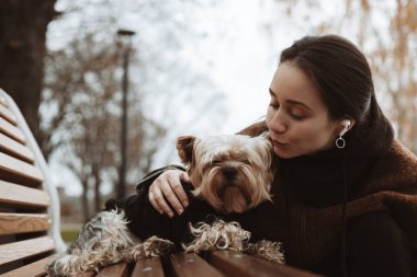 Kadın, Yorkshire Terrier köpeği ile sonbahar parkında açık havada vakit geçiriyor. İnsanlarla evcil hayvan arasındaki arkadaşlık, hayvanlara duyulan sevgi, rahat yürüyüş, duygusal bağ ve sonbahar havası..