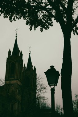 Kuleleri olan bir kilisenin silueti, bir sokak lambası ve bulutlu bir gökyüzüne karşı bir ağaç. Görüntü, dramatik, eski bir sokak lambasını, sessiz, bulutlu bir gökyüzüne karşı bir ağacı yakalıyor ve karamsar bir atmosfer yaratıyor..
