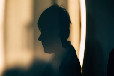 Bir insanın dramatik bir silueti sıcak, doğal arka plana çekilir. Negatif alan ve duygusal yoğunlukla Karanlık trendde bir kadının duvardaki profil gölgesi. Sanatsal kadın portresi.