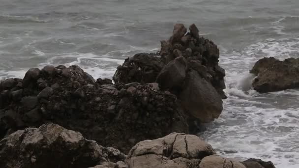 Mar tormentoso con lluvia sobre rocas — Vídeos de Stock