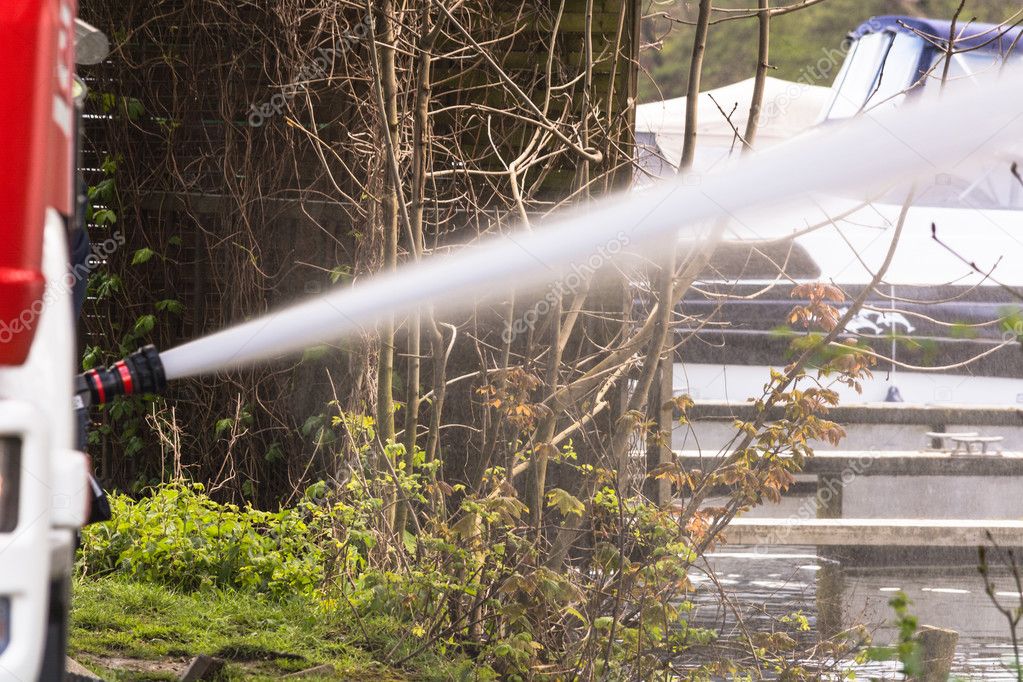 Fire department sprayed extinguishing water during an exercise. 