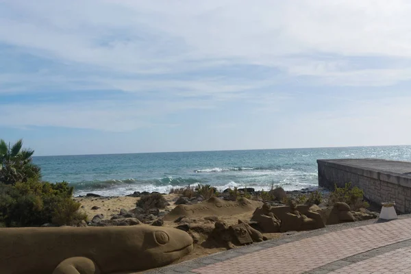 Sandskulpturen Strand Von Meloneras Spanien Mit Der Inschrift Gran Canaria — Stockfoto
