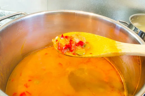 Cooking pot with goulash soup — Stock Fotó